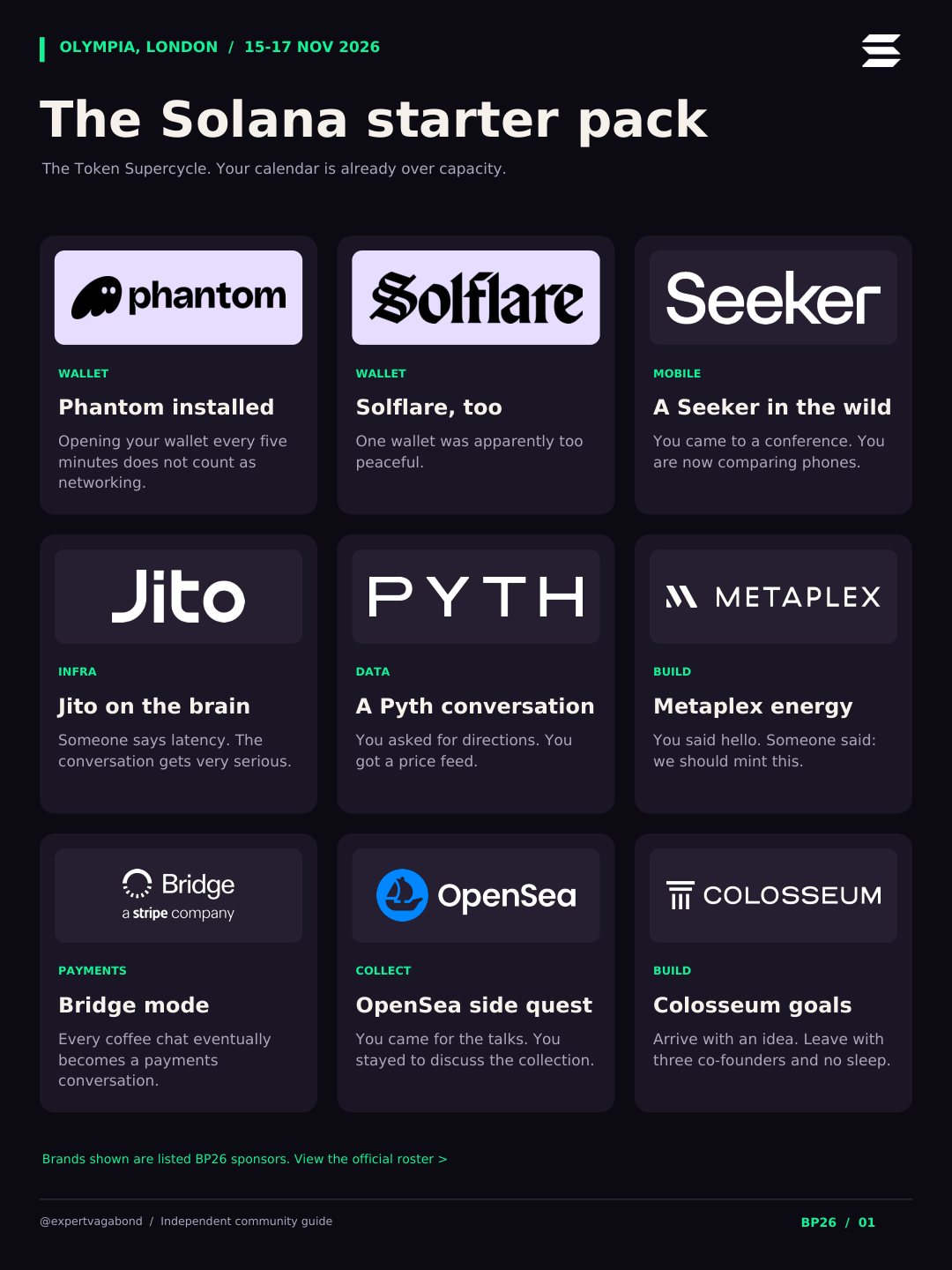 The Solana starter pack: sponsor brands as joke starter-pack items, including Phantom, Solflare, Seeker, Jito, Pyth, Metaplex, Bridge, OpenSea and Colosseum.