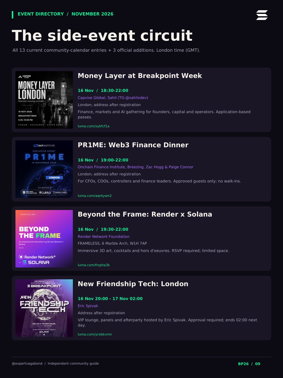Side-event circuit, part 4: Money Layer at Breakpoint Week, PR1ME: Web3 Finance Dinner, Beyond the Frame: Render x Solana, New Friendship Tech: London.