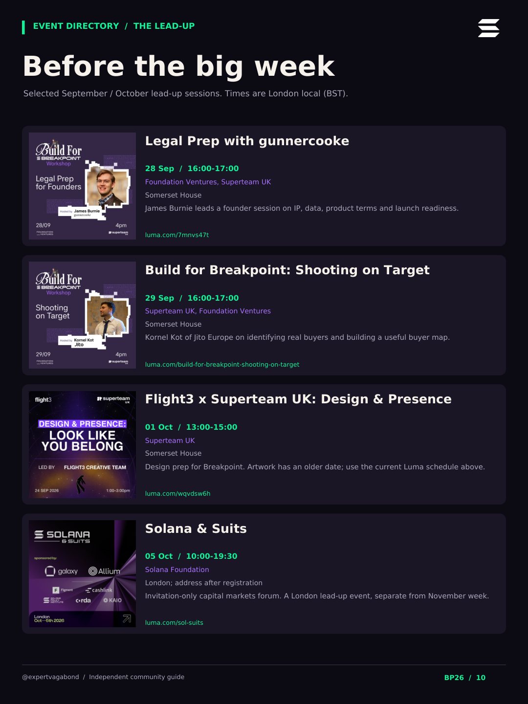 Before the big week: September and October lead-up sessions, including Legal Prep with gunnercooke, Build for Breakpoint: Shooting on Target, Flight3 x Superteam UK: Design & Presence, and Solana & Suits.